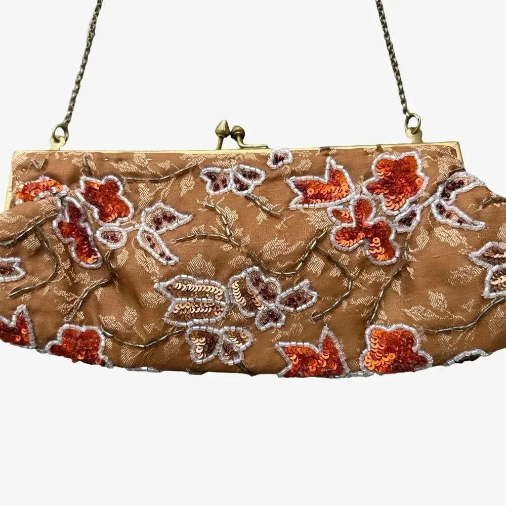 Vintage Beaded Floral Sequin Clutch Evening Bag Kiss Lock Purse Y2K Glam